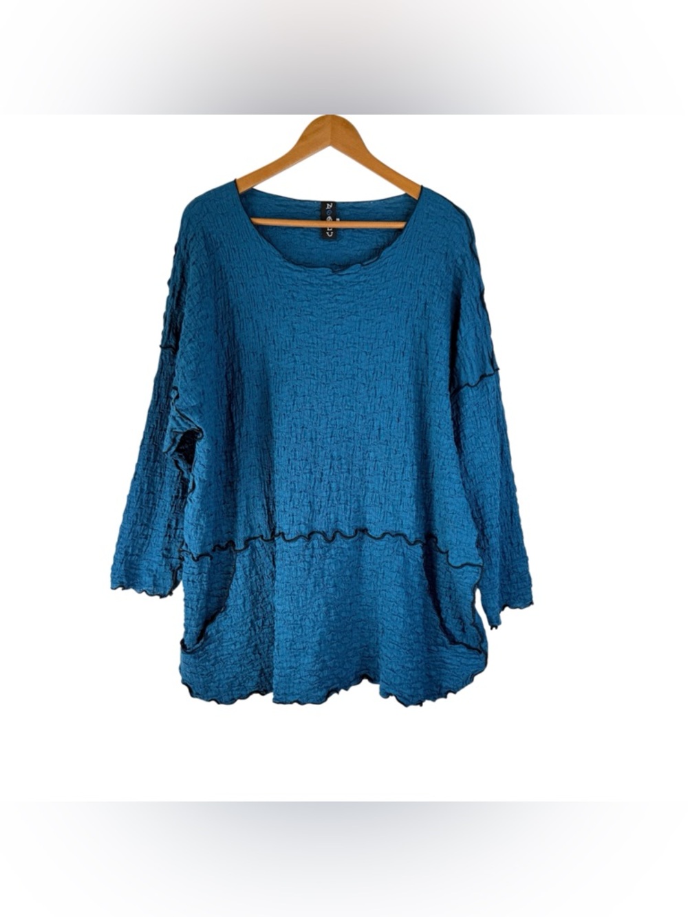 NOBLU Tunic Top Lagenlook Womens Size XL Blue Cotton Pucker Fabric Relaxed